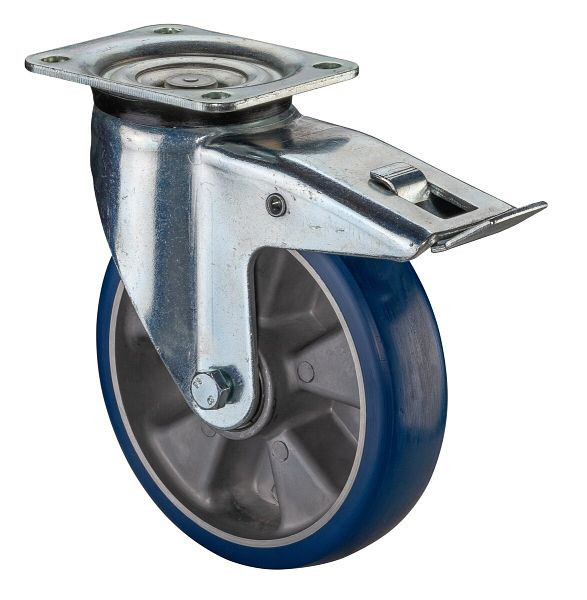 Roulette pivotante pour charges lourdes BS Wheels avec frein, roue en polyuréthane 83 Shore, jante en aluminium, roulement à billes, platine, diamètre : 200 mm, L620.B92.200