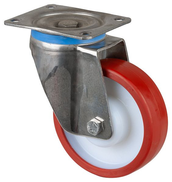 Rouleaux BS rouleau robuste en acier inoxydable, largeur 45 mm, Ø150 mm, jusqu'à 600 kg, bande de roulement en polyuréthane rouge, corps en plastique, roulement à rouleaux en acier inoxydable, HS100.B28.150