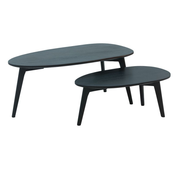 Wohnling Design Table basse lot de 2 tables de salon en bois massif de manguier table gigogne noire table en bois table basse en forme de rein WL6.725