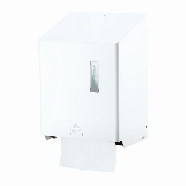 Distributeur automatique d'essuie-mains en rouleau Air Wolf, série Omega, H x L x P : 406 x 278 x 211 mm, acier inoxydable blanc, 29-424