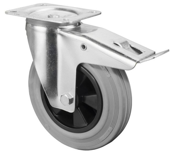Rouleau de transport BS rollers avec frein, largeur 50 mm, Ø200 mm, jusqu'à 205 kg, bande de roulement en caoutchouc gris, corps de roue en plastique, roulement à rouleaux, plateau, L420.B46.200