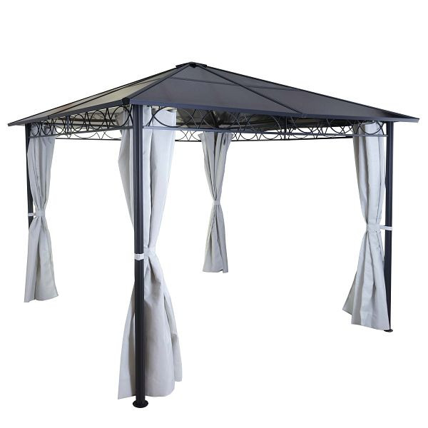 Pergola à toit rigide Mendler HWC-C77, pavillon de jardin, toit en plastique paroi latérale aluminium gris clair 3x3m, 58477 + 58479