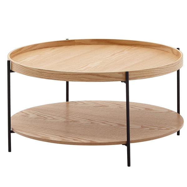 Wohnling table basse 78x78x40 cm table de canapé bois / métal table de salon chêne, table de chambre design moderne ronde avec étagère, table basse en bois, WL6.491