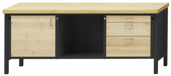 Établi d'armoire ANKE; 2000x700mm; Hêtre plaque solide; Gauche 1 porte; Compartiment central ouvert; A droite 3 tiroirs 90, 180, 270 mm
