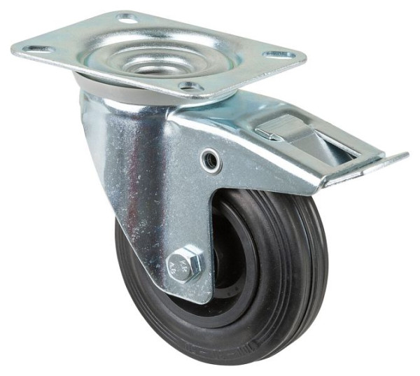 Rouleau de transport BS rollers avec frein, largeur 30 mm, Ø100 mm, jusqu'à 70 kg, caoutchouc noir, roulement à rouleaux, plateau, lot de 4, L420.B45.100