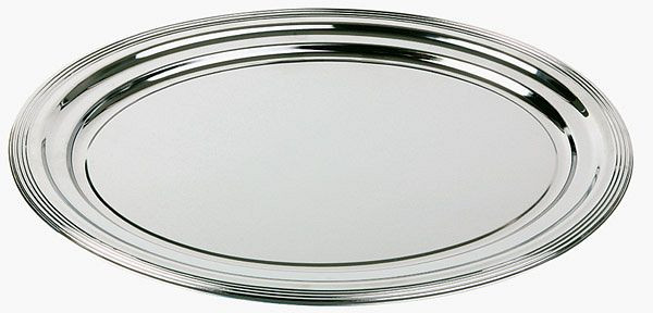Assiette de fête APS, ovale -CLASSIC-, 46 x 34 cm, métal nickelé et chromé brillant, avec décor de lignes, bord roulé, lot de 48, 00398