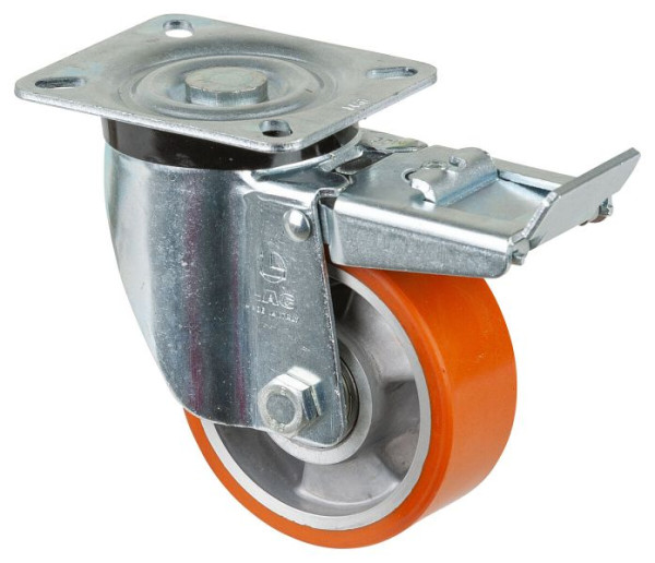 Roulettes BS Roulette forte charge avec frein, largeur 40 mm, Ø100 mm, jusqu'à 280 kg, polyuréthane coulé 95 Shore A, corps en aluminium, roulement à billes, N120.B90.102