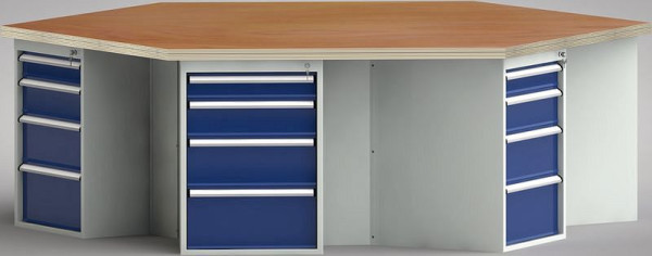 Etabli standard KLW de forme hexagonale avec plateau multiplex en hêtre de forme hexagonale 2338 x 2700 x 40 mm L x l x P, WS620N-1350M40-E8004