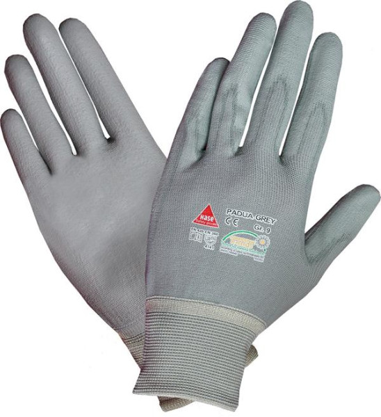Hase Safety PADUA gris, gants de sécurité à 5 prises, nylon/PU, lavables, taille : 6, UE : 10 paires, 508100-6
