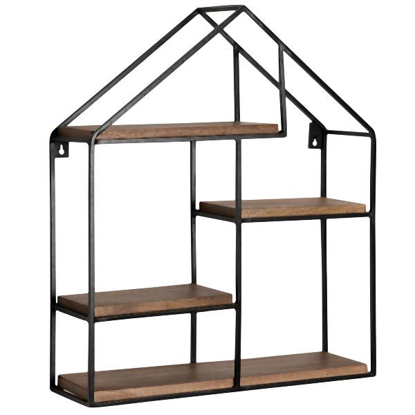 Étagère murale Wohnling 49,5x60x14 cm en bois massif de manguier / étagère suspendue en métal en forme de maison, industrielle, WL6.749