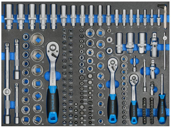 Gamme de chariots d'atelier SW-Stahl, clé à douille 1/4", 3/8", 1/2", avec cliquets, 171 pièces, Z3010-1