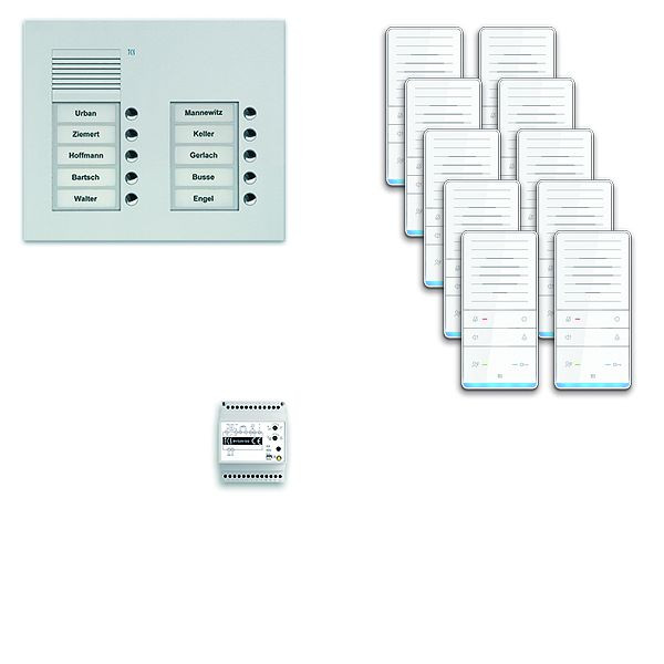 Système de commande de porte audio TCS : pack UP pour 10 unités résidentielles, avec poste extérieur PUK 10 boutons de sonnerie 2 colonnes, 10x haut-parleur mains libres ISW5031, commande, PAUF102 / 001