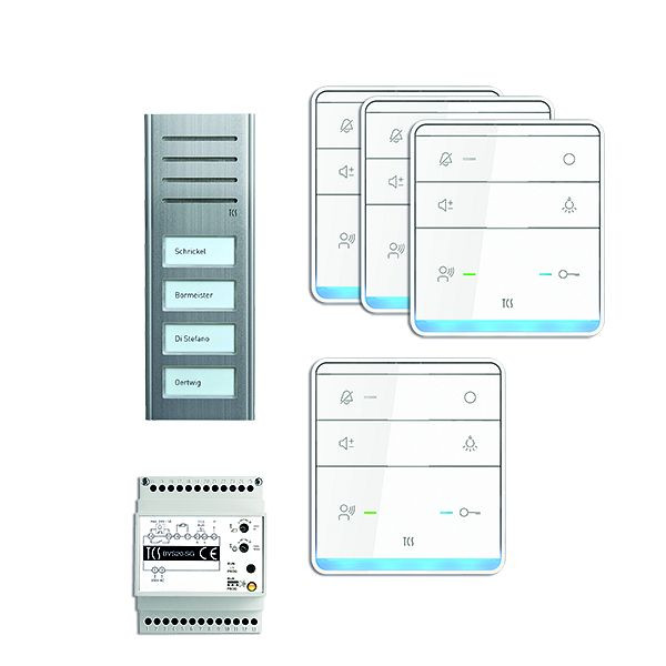 Système de commande de porte audio TCS : pack AP pour 4 unités résidentielles, avec poste extérieur ASX 4 boutons de sonnerie, 4x haut-parleur mains libres ISW5010, unité de contrôle BVS20, PSX2340-0000