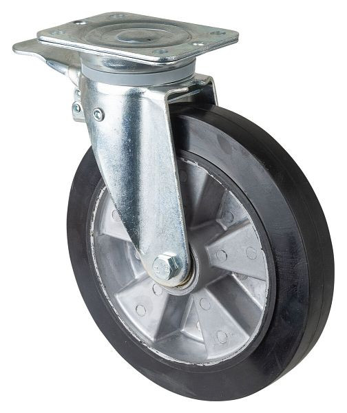 Rouleau de transport BS rollers avec frein, largeur 50 mm, Ø250 mm, jusqu'à 450 kg, pneus élastiques noirs, corps de roue en aluminium, roulements à billes, L420.B80.251