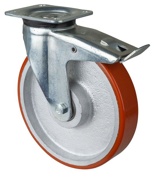 Roulettes BS Roulette robuste avec frein, largeur 50 mm, Ø250 mm, jusqu'à 1200 kg, bande de roulement polyuréthane coulé 95 Shore A, fonte, roulement à billes, L620.C10.250