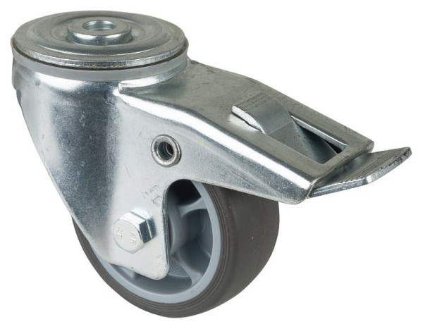 Roulette pivotante à roulettes de transport BS Rollers avec frein, roue en caoutchouc thermoplastique gris, roulement à rouleaux, trou arrière, diamètre : 80 mm, pack : 4 pièces, L121.B44.081