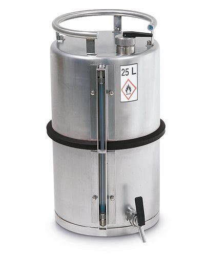 Récipient de niveau de sécurité DENIOS en acier inoxydable, avec robinet et indicateur de niveau, 25 litres, 117-359