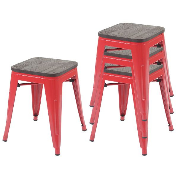 Ensemble de 4 tabourets Mendler HWC-A73 avec siège en bois, tabouret en métal, design industriel en métal empilable, rouge, 70774