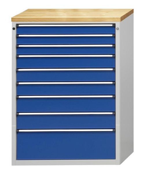 Armoire à tiroirs ANKE; 915x700x1320 mm; RAL 7035/5010; Plateau en hêtre massif 40 mm; 9 tiroirs 90, 90, 90, 120, 120, 120, 150, 150, 270 mm, 610.311