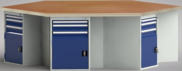 Etabli standard KLW de forme hexagonale avec plateau multiplex en hêtre de forme hexagonale 2338 x 2700 x 40 mm L x l x P, WS620N-1350M40-E8002