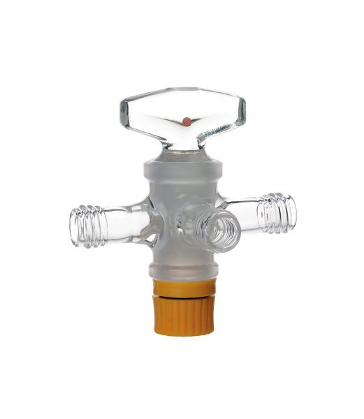 Robinet à trois voies Rettberg, avec bouchon en verre massif NS 18,8/4 mm, raccordements filetage GL 14, verre borosilicaté 3,3, 107000338