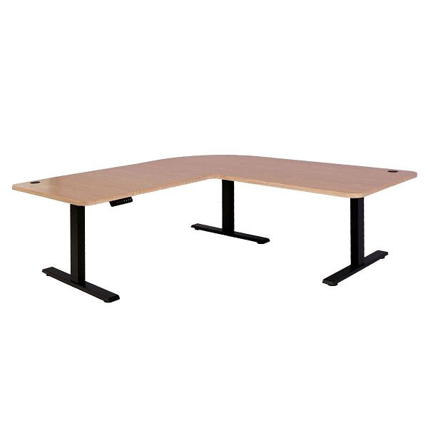 Bureau d'angle Mendler HWC-D40, bureau d'ordinateur, réglable en hauteur électriquement 178x178cm 84kg, marron clair, noir, 75756+62773