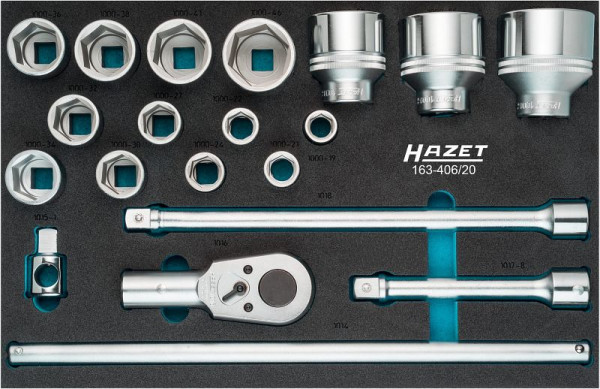 Jeu de clés à douilles Hazet, carré creux 20 mm (3/4 pouce), profil hexagonal extérieur, nombre d'outils : 20, 163-406/20