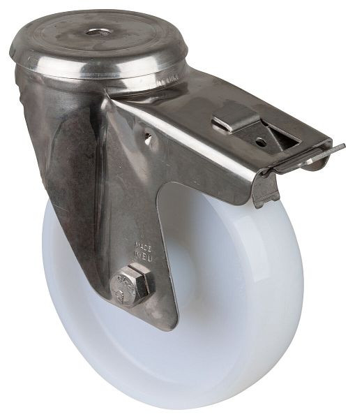 Rouleau de transport BS rollers en inox avec frein, largeur 44 mm, Ø150 mm, jusqu'à 200 kg, bande de roulement/corps de roue en plastique, palier lisse, H121.A90.150