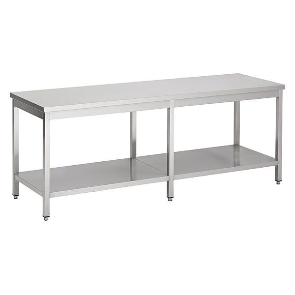 Table de travail Gastro-Inox en acier inoxydable AISI 430 avec base, 2800x600x850mm, renforcée de 18 mm d'épaisseur, aggloméré enduit, 301.264