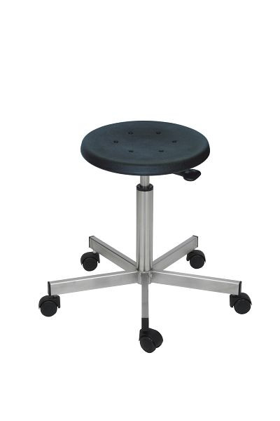 Tabouret Lotz en acier inoxydable, assise : PU, noir, inserts en acier inoxydable, Ø 350 mm, hauteur d'assise 500 - 690 mm, piètement en acier inoxydable, roulettes, 3912.11
