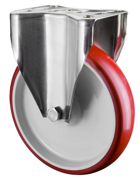Rouleau de transport BS rollers inox, rouleau fixe, largeur 45 mm, Ø200 mm, jusqu'à 200 kg, polyuréthane rouge, corps de roue plastique, palier lisse, platine, H110.B26.200