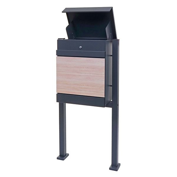 Boîte à colis Mendler avec support HWC-K41, boîte à colis boîte aux lettres sur pied, métal, aspect bois anthracite galvanisé, 92121 + 92125