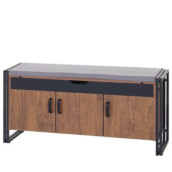 Commode à chaussures Mendler avec assise HWC-A27, banc de commode avec coussin, structure en métal 3D 53x110x30cm, aspect chêne sauvage, 60159