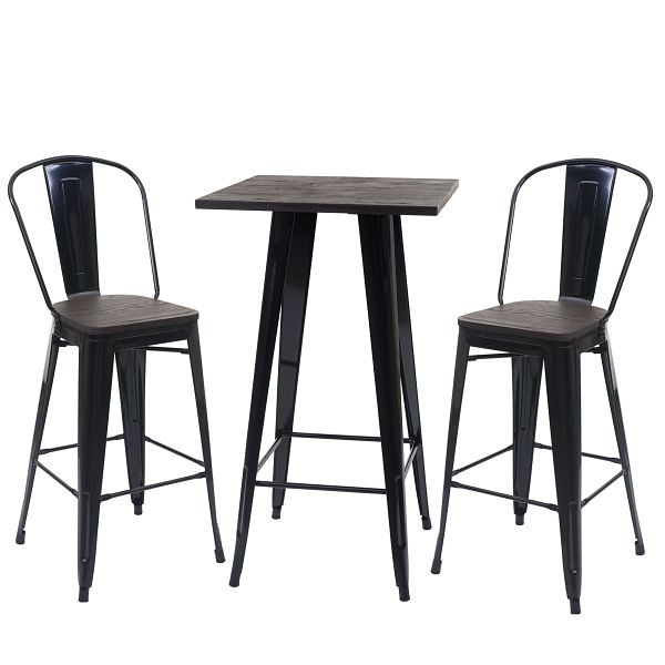 Mendler Set table de bar + 2x tabourets de bar HWC-A73 avec plateau de table en bois, table de bar tabouret de bar, design industriel en métal, noir, 70401+70407