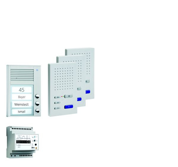 Système de commande de porte audio TCS : pack AP pour 3 unités résidentielles, avec poste extérieur PAK 3 boutons de sonnerie, 3x haut-parleur mains libres ISW3030, unité de contrôle BVS20, PPAF03-EN / 02