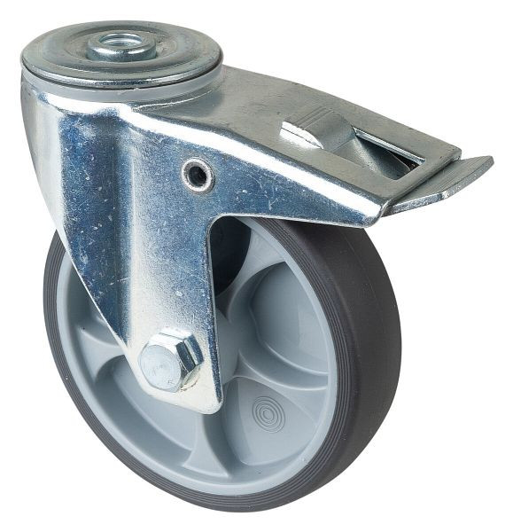 Roulette de transport pivotante à roulettes BS avec frein, roue en caoutchouc thermoplastique gris, roulement à rouleaux, diamètre : 120 mm, pack : 2 pièces, L121.B44.126