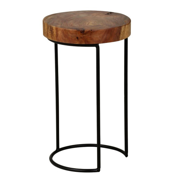 Wohnling Table d'appoint AKOLA en bois de Sesham massif, pieds en métal, style maison de campagne, forme tronc d'arbre, bois naturel véritable, hauteur 45 cm, WL1.554