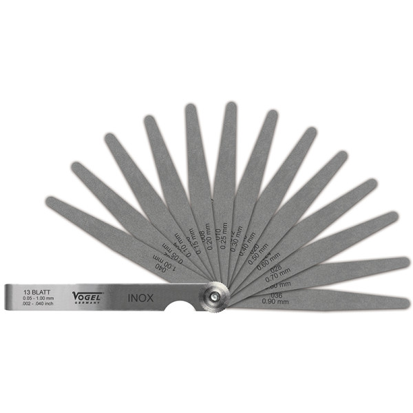 Jeu de jauges d'épaisseur Vogel Germany, inoxydable, 0,05 - 1,00 mm / .002 - .040 pouce, 13 lames, 413105
