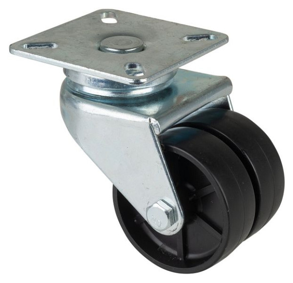 Appareil à rouleaux BS double rouleau, largeur 2x19 mm, Ø50 mm, jusqu'à 80 kg, bande de roulement en plastique noir, palier lisse, plaque, lot de 4, B100.A90.051