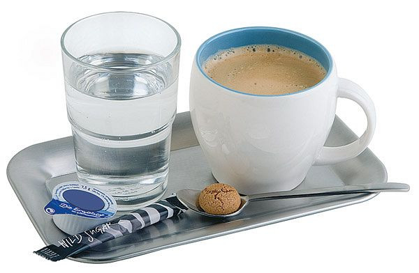 Plateau de service APS, 21,5 x 13 cm, hauteur : 1,5 cm, acier inoxydable, mat, bord roulé, 30118