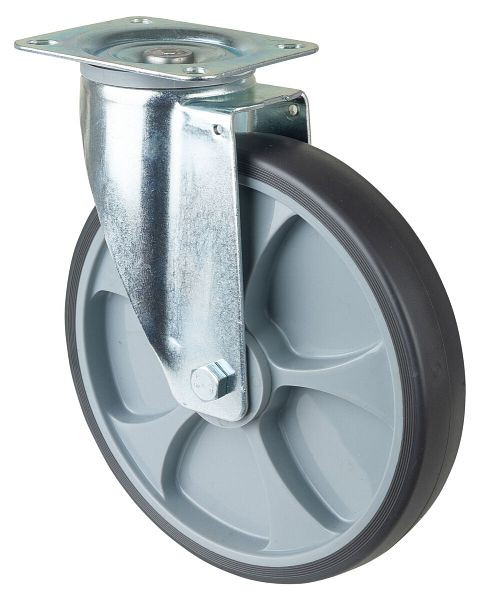 Rouleau de transport BS rollers, largeur 45 mm, Ø250 mm, jusqu'à 300 kg, pneus thermoplastiques gris, corps de roue en plastique, roulement à rouleaux, plateau, L400.B44.250