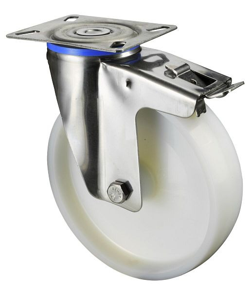 Rouleau de transport en acier inoxydable avec frein, largeur 50 mm, Ø200 mm, jusqu'à 300 kg, bande de roulement/corps de roue en plastique, palier lisse, plaque, H120.A90.200