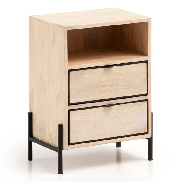 Wohnling table de chevet Mango bois massif / métal 43x60x30 cm lit à sommier tapissier, console de nuit design marron avec 2 tiroirs, WL6.787