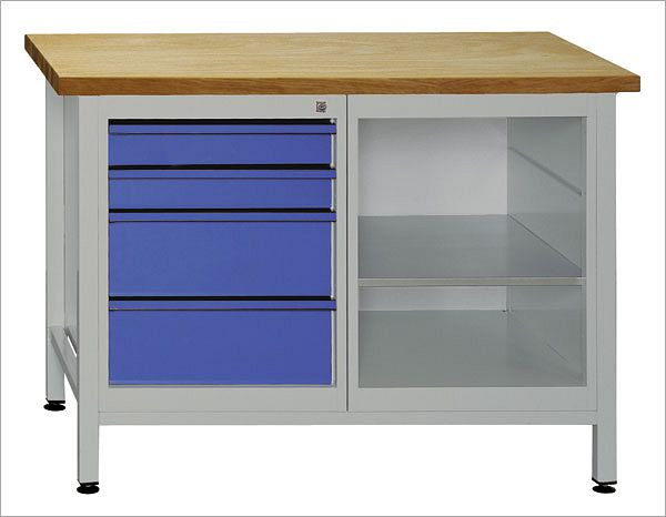 Etabli ADB 1 partie étagère + 4 tiroirs, dimensions : 1200x600x840mm (LxPxH), couleur table de travail : gris, RAL 7035, couleur tiroir : bleu clair (RAL 5012), 41929