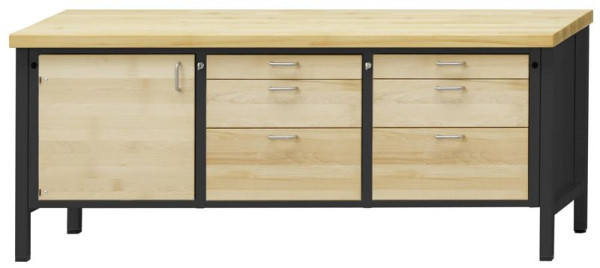 Établi d'armoire ANKE; 2000x700mm; Hêtre plaque solide; Gauche 1 porte; 3 tiroirs du milieu 90, 180, 270 mm; A droite 3 tiroirs 90, 180, 270 mm