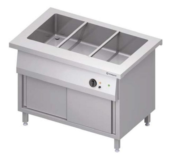 Station bain-marie Stalgast "Free Flow" avec une vasque 4x GN1/1, armoire chauffante et portes coulissantes, couvercle inox 1465x735x880 mm, FF14115