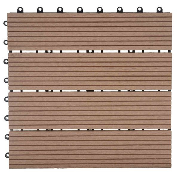 Carrelage de sol Mendler WPC Rhone, balcon/terrasse aspect bois, 11x chaque 30x30cm = 1m², Premium, teck linéaire, 57948