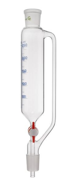 Entonnoir compte-gouttes Rettberg, 250 ml, manchon NS 29/32, cône NS 29/32, robinet PTFE 4 mm, gradué, avec tube d'équilibrage de pression, 134048236