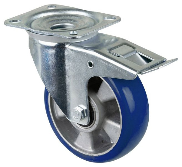 Roulettes BS roulette de transport roulette pivotante avec frein, roue polyuréthane jante aluminium 83 Shore, roulement à billes, platine, diamètre : 160 mm, L420.B92.160