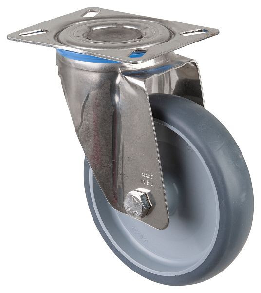 Rouleau de transport BS rollers inox, largeur 40 mm, Ø150 mm, jusqu'à 140 kg, pneus thermoplastique gris, corps de roue plastique, palier lisse, plateau, H100.B43.150